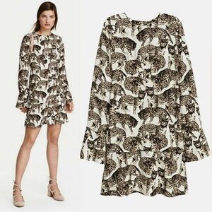 H&M Bengal Cat Dress White Grey Black Animal Print A Line Mod Retro Fit Flare 2
